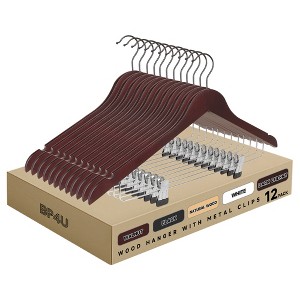 BP4U 12 Pack Premium Wooden Suit Hangers with Adjustable Clips, Solid Wood Skirt & Pant Hangers with 360° Swivel Hook, Space-Saving Design - 1 of 4