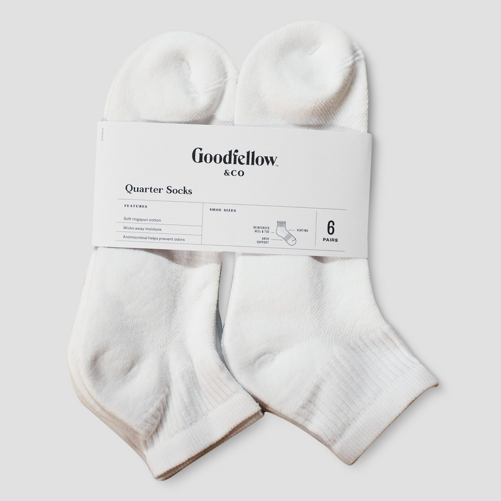 Men's Odor Resistant Quarter Socks 6pk - Goodfellow & Co White 6-12
