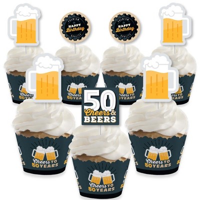 Big Dot of Happiness Cheers and Beers to 50 Years - Cupcake Decoration - 50th Birthday Party Cupcake Wrappers and Treat Picks Kit - Set of 24