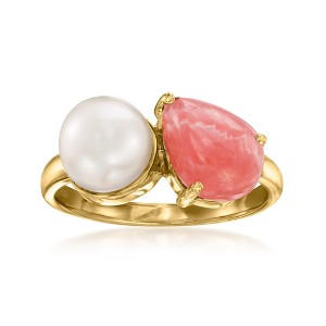 Ross-Simons 7.5-8mm Cultured Pearl and Pink Rhodochrosite Toi Et Moi Ring in 18kt Gold Over Sterling - 1 of 4