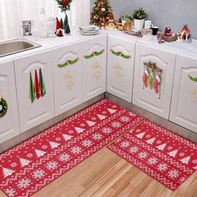 Christmas Tree Striped Floor Mat Set (17x29In + 17x47In, 2-Piece Xmas Decor) Washable Soft Thin Non-Shedding Indoor Doormat