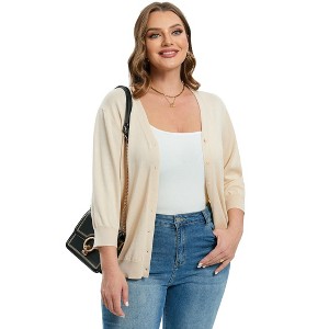 Clearlove Knit Cardigan for Plus Size  Women Open Front Button Lightweight Sweaters V Neck Loose 3/4 Sleeve Cardigans Outwear - 1 of 4