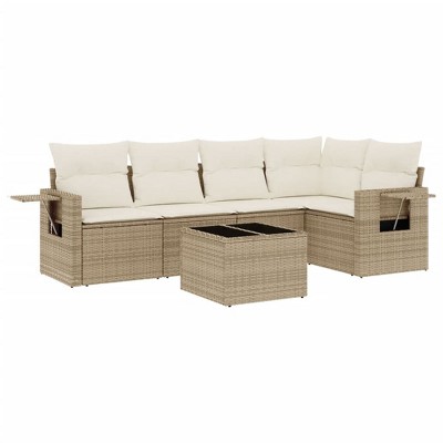 vidaXL 6 Piece Patio Sofa Set with Cushions Beige and Cream Poly Rattan - With Table