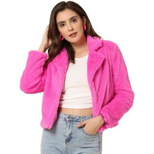 INSPIRE CHIC Women's Autumn Winter Cropped Notch Lapel Faux Fur Fluffy Jacket - 1 of 4