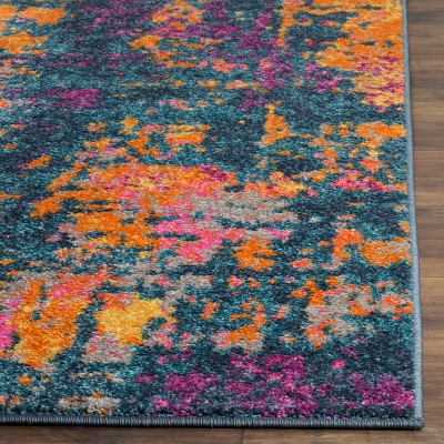 Blue and Orange Abstract Synthetic Runner Rug