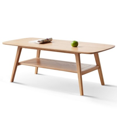 2-Tier Coffee Table with Storage Shelf and Open Tabletop, Solid Wood Coffee Table for Living Room, Rectangular Natural Coffee Table for Living Room