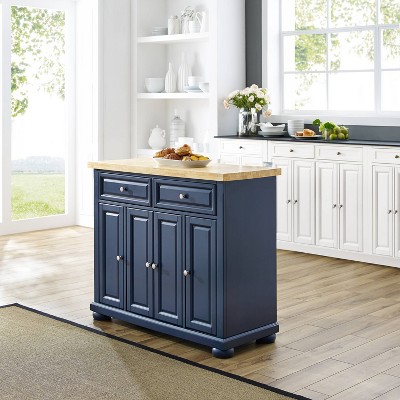 Navy Solid Wood Butcher Block Kitchen Island with Storage