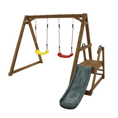 Wood Swing Set w/Slide,Wood Swing Set for Backyard, 2 in 1 Outdoor Swing Set with Slide, Climbing Rope Ladder Kids Backyard Playset