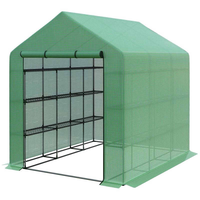 Outsunny Walk-in Greenhouse for Outdoors with Roll-up Zipper Door, 18 Shelves, PE Cover, Heavy Duty Humidity Seal, 95.25" x 70.75" x 82.75", Green, 5 of 8