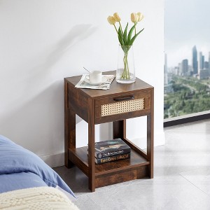 15.75" Rattan End table with drawer, Modern nightstand, side table for living room, bedroom,Rustic Brown - 1 of 4