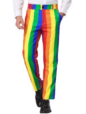 Lars Amadeus Rainbow Pants for Men's Regular Fit Flat Front Color Block  Stripe Dress Trousers 28 Blue Red at  Men's Clothing store