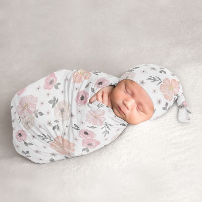 Image of Sweet Jojo Designs Girl Baby Cocoon and Beanie Hat Swaddle Wrap Watercolor Floral Pink and Grey 2pc