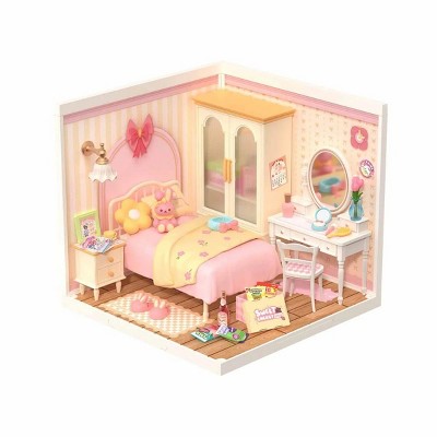 ROBOTIME 3D Puzzles DIY Miniature Dollhouse Super Creator, Pink Bedroom Craft Kit, Plastic Building Set for Kid, Girl, Pink, 6.4"*6.4"*6"