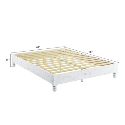 Queen White Washed Pine Wood Platform Bed with Slats