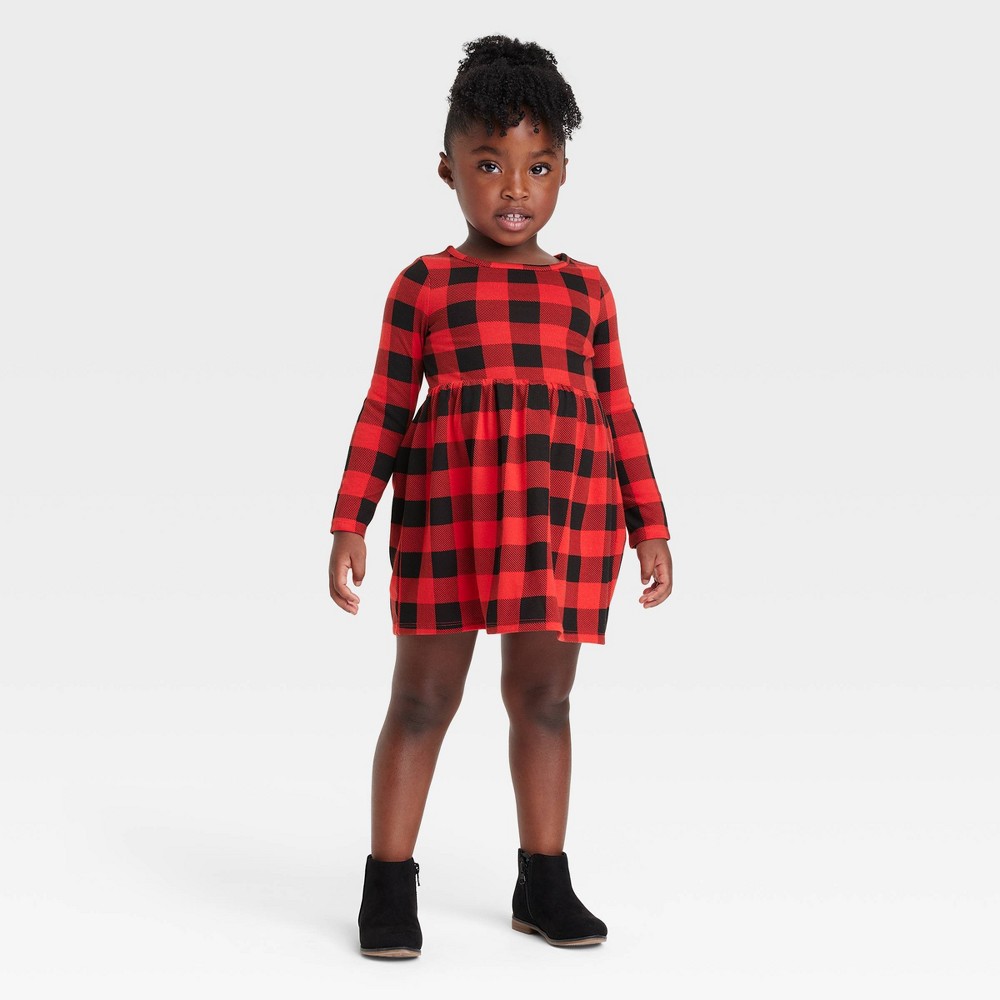 Toddler Girls' Long Sleeve Buffalo Check Dress - Cat & Jack Red 5T