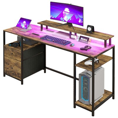 NicBex 61.2 Inch Computer Home Office Desk with LED,Charing Station,2 Drawers and Open Shelves