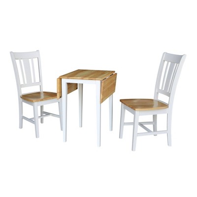 Elegant White/Natural Solid Parawood Dual Drop Leaf Table and 2 Chairs Set