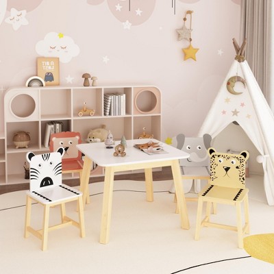 VYNXARIA 5 Piece Kiddy Table and Chair Set , Kids Wood Table with 4 Chairs Set Cartoon Animals