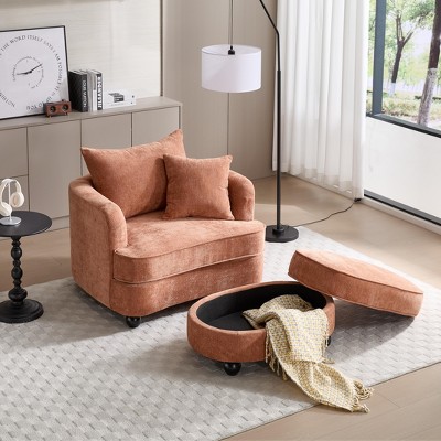 Chenille Accent Chair with Storage Ottoman, Upholstered Armchair Reaging Chair Barrel Chair - ModernLuxe