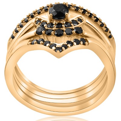 Elegant 10K Yellow Gold Black Diamond 4-Ring Stackable Set - Size 5.5