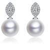 Guili Sterling Silver Rhodium Plated White Round Genuine Freshwater Pearl with Clear Marquise Cubic Zirconia Drop Earrings, a Timeless Beauty - 3 of 3