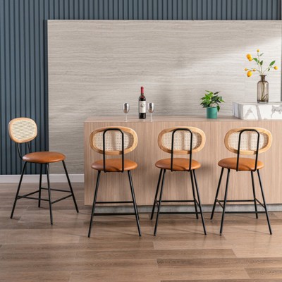 SEVOBAL Dining Chairs Counter Stools Set Of 4, Bar Stools, Faux Leather Counter Stool With Rattan Backrest, For Home, Brown, 15.6"*16.5"*33"