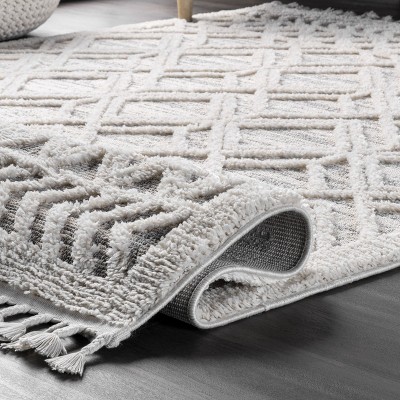 Ansley Moroccan Lattice Tassel Shag Area Rug, 7x9, Beige