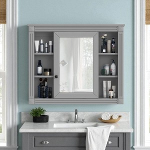 35" Wall Mounted Bathroom Medicine Cabinet with Mirror, Modern Storage Cabinet with Concealed Door & 6 Open Shelves, Adjustable Organizer - 1 of 4