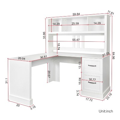 White L-Shaped Computer Desk with Hutch and Filing Cabinet