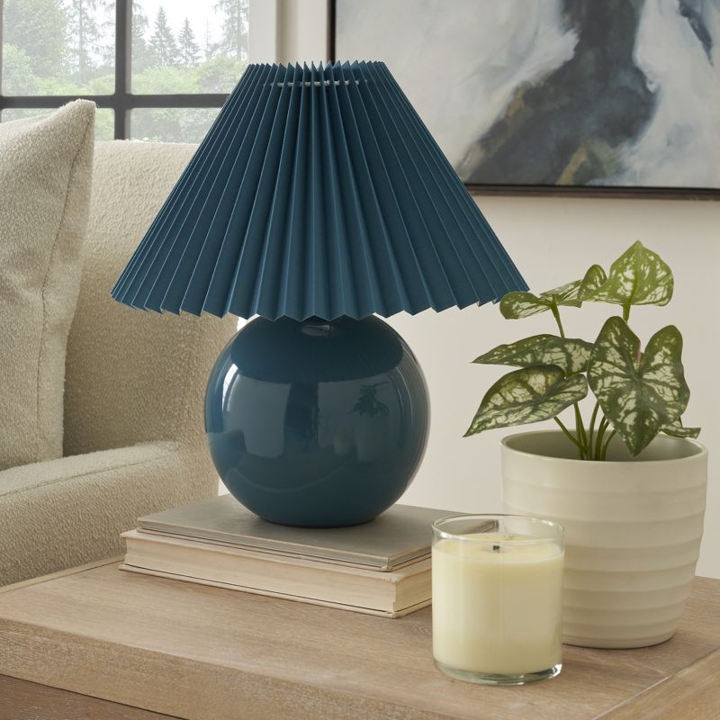 Nourison 13" Ceramic Round Accent Lamp with Pleated Shade, 3 of 9