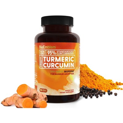 BioEmblem Turmeric Curcumin Supplement with BioPerine Joint Support & Heart Health 90ct