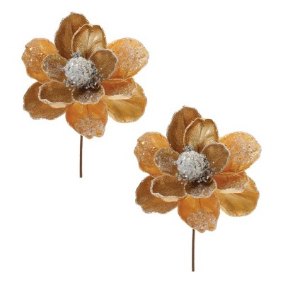 Beaded Gold Magnolia Flower Stem (Set of 2)