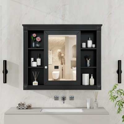 Grungis Wall Mounted Bathroom Storage Cabinet,35'' x28'' Medicine Cabinet with 6 Open Shelves and Mirror,Storage Cabinet for Bathroom