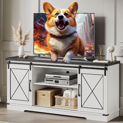Farmhouse Tv Stand for 65 Inches TVs with Storage Cabinet, Entertainment Center with Sliding Barn Doors and Adjustable Shelf,  for Living Room, White