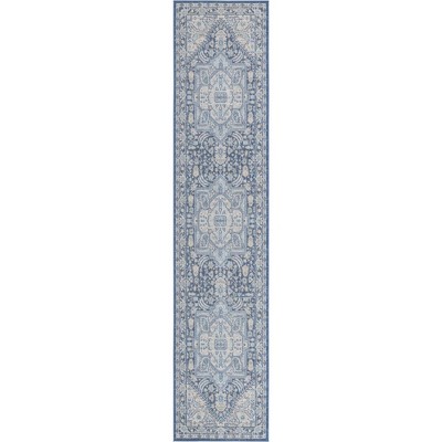 French Blue Medallion Runner Rug with Easy Care Synthetic Weave