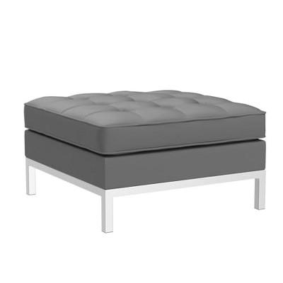 Loft Silver Gray Tufted Faux Leather Ottoman with Stainless Steel Legs