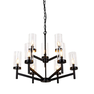 PAKOKULA Modern 9-Light Matte Black Branch Chandelier with Clear Glass Shade