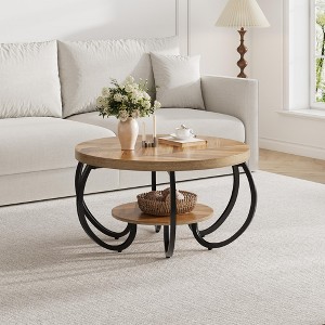 30 Inch Round Farmhouse Coffee Table with Storage Shelf, 2 Tier Rustic Wood Center Table with Curved Metal Legs - 1 of 4