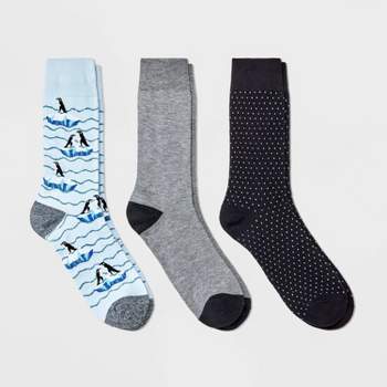 Men's Penguin Print Crew Socks 3pk - Goodfellow & Co™ Light Blue 7-12