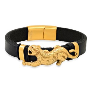 Steeltime Men's black leather and 18k gold plated stainless steel tiger accented bracelet - 1 of 4