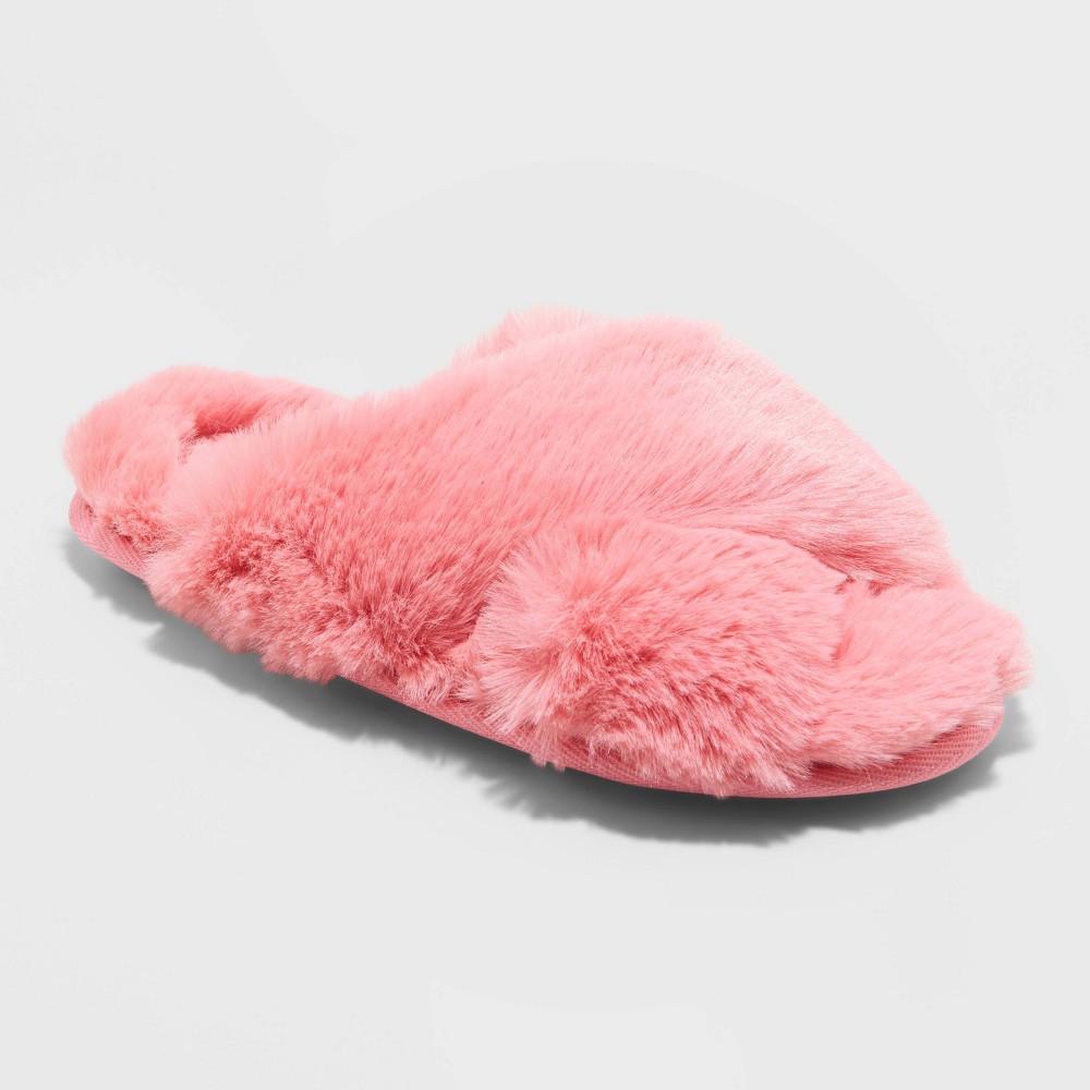 Size L, Women's Paris Crossband Fur Slippers - Stars Above Vibrant Pink 