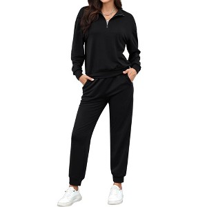 Womens Half Zip Front Sweatshirt Pullover Tracksuit Sets Solid Jogger Pants Sets - 1 of 4