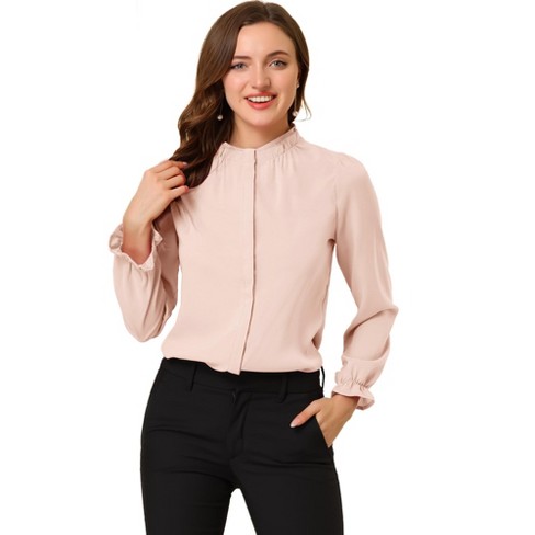 Allegra K Women's Button-down Work Office Chiffon Ruffled Stand Collar  Blouse Flesh Pink Large : Target