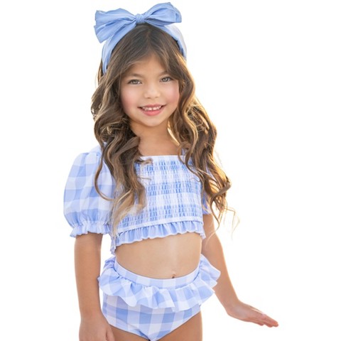 Mia Belle Girls Blue Skies Gingham Puff Sleeve Two-Piece Swimsuit Mia Belle Girls, Blue, 10