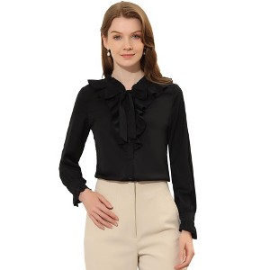 Allegra K Women's Ruffle Tie Neck Ruffle Cuff Button Front Solid Work Shirt - 1 of 4