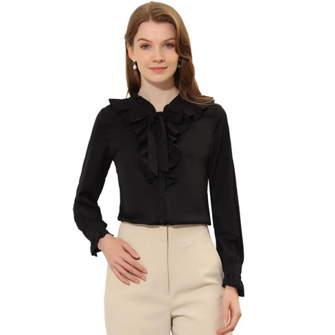 Allegra K Women's Ruffle Tie Neck Ruffle Cuff Button Front Solid Work Shirt - image 1 of 4