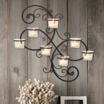 Elegant Ivy Swirl Black Metal and Glass Tealight Wall Sconce