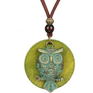 Leather and Wood Necklace Chunky Circle Pendant Boho Jewelry for Women - 1 of 4