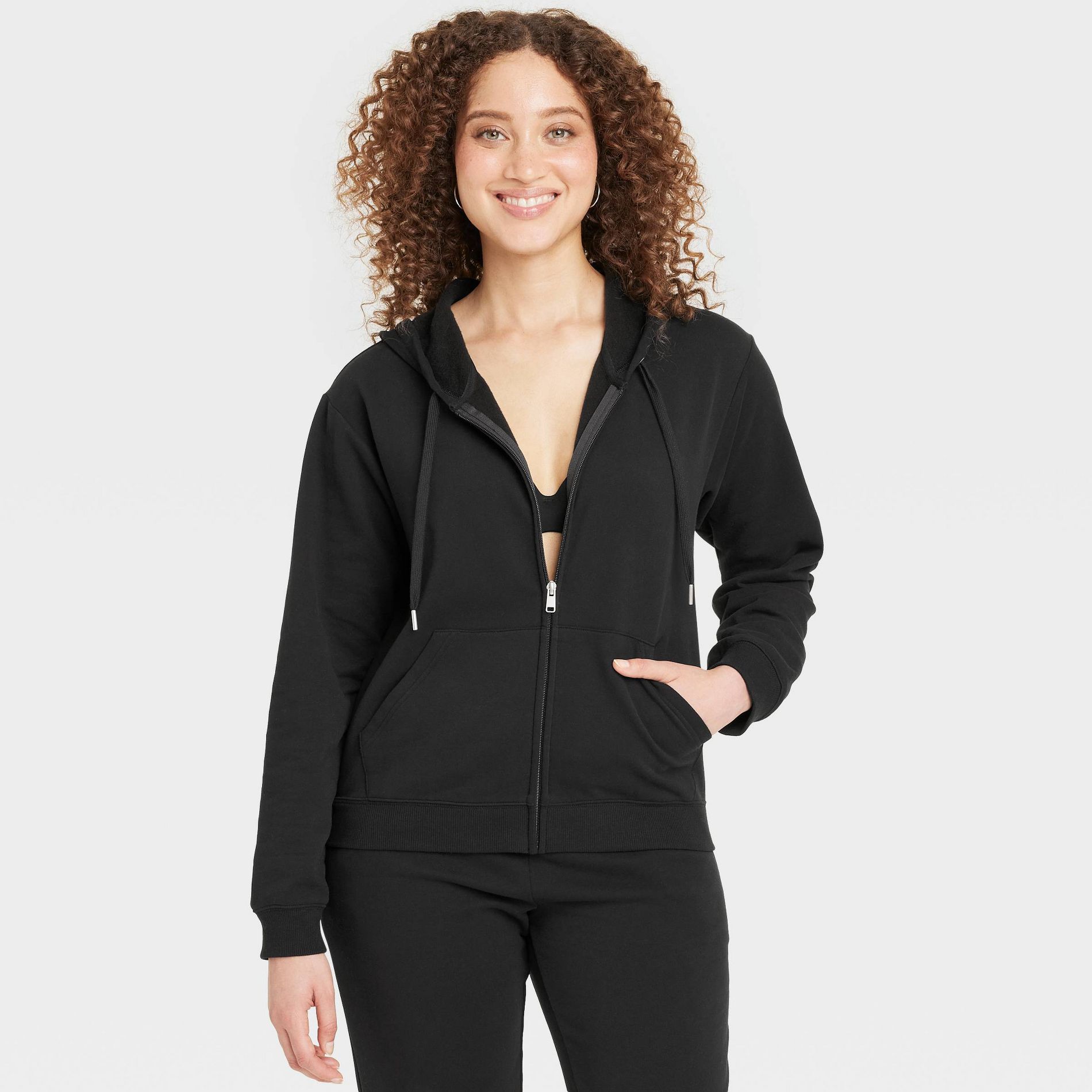 Women's Fleece Zip-Up Sweatshirt - Auden™ Black XL: Hooded Loungewear, Front Pocket, Midweight Fabric