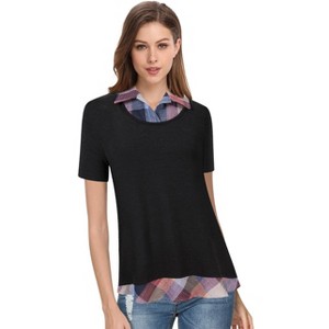 Clearlove Womens Short Sleeve Contrast Mock Neck Collared T-Shirts Flowy Ruffled Patchwork Work Blouse Casual Dressy - 1 of 3